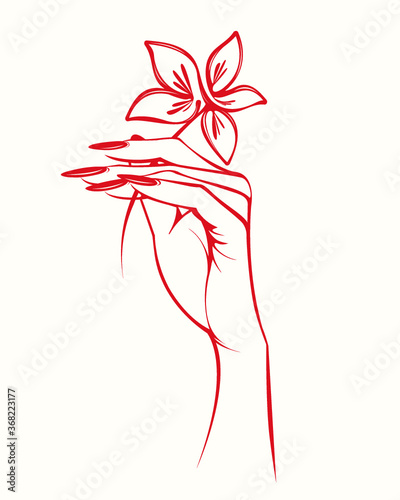Woman hands with elegant red nail polish manicure and beautiful flower.Nail salon illustration.Nails art icon isolated on white background.Cosmetics and beauty logo.Bright color beauty product.