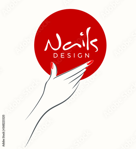 Nail salon illustration.Woman hand with beautiful red nail polish manicure.Nails art icon isolated on white background.Cosmetics and beauty logo.Bright colors.
