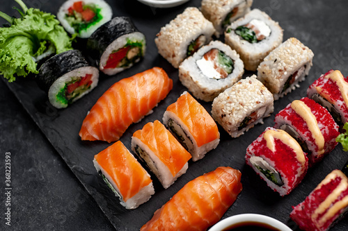 Sushi set on a stone background. Japanese food