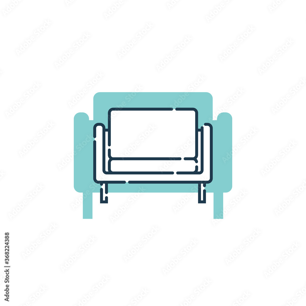 Comfortable sofa with one pillow. Flat illustration with settee on shape background. Modern stylish object for relaxation. Image of couch in line art style. Element furniture of the interior