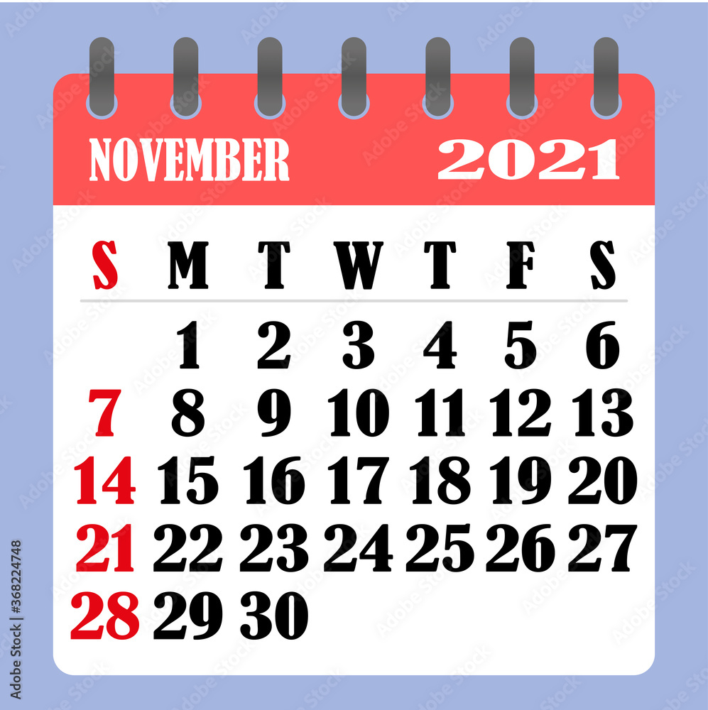 Letter calendar for november 2021 the week begins on sunday time