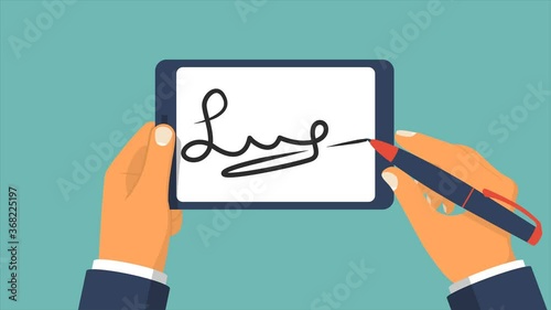 Digital signature on tablet. Businessman hands holding tablet for signature. Modern business. Tablet with stylus pen. New modern generation. Video animation footage.