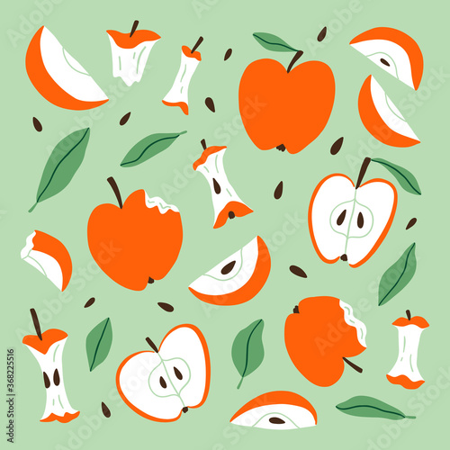 Fototapeta Naklejka Na Ścianę i Meble -  Eaten, bitten and sliced apples, vector cartoon set