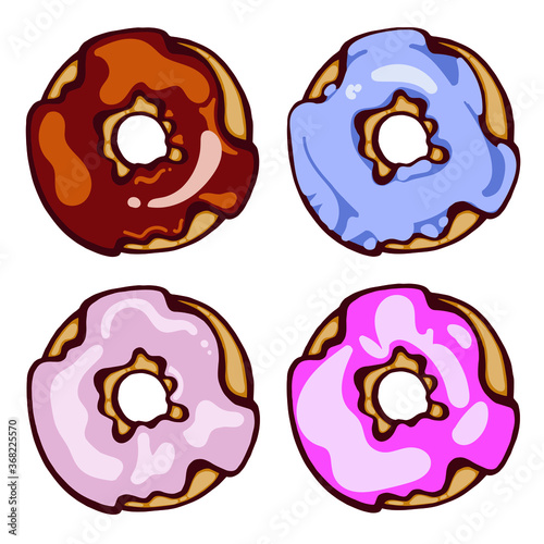 Colorful delicious cute glazed donuts isolated on white background, vector illustration