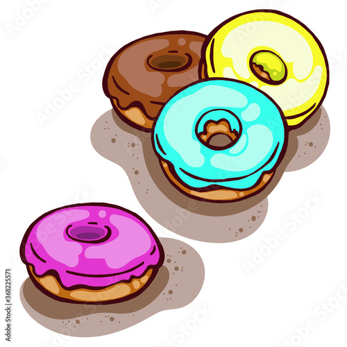 Colorful delicious cute glazed donuts isolated on white background, vector illustration