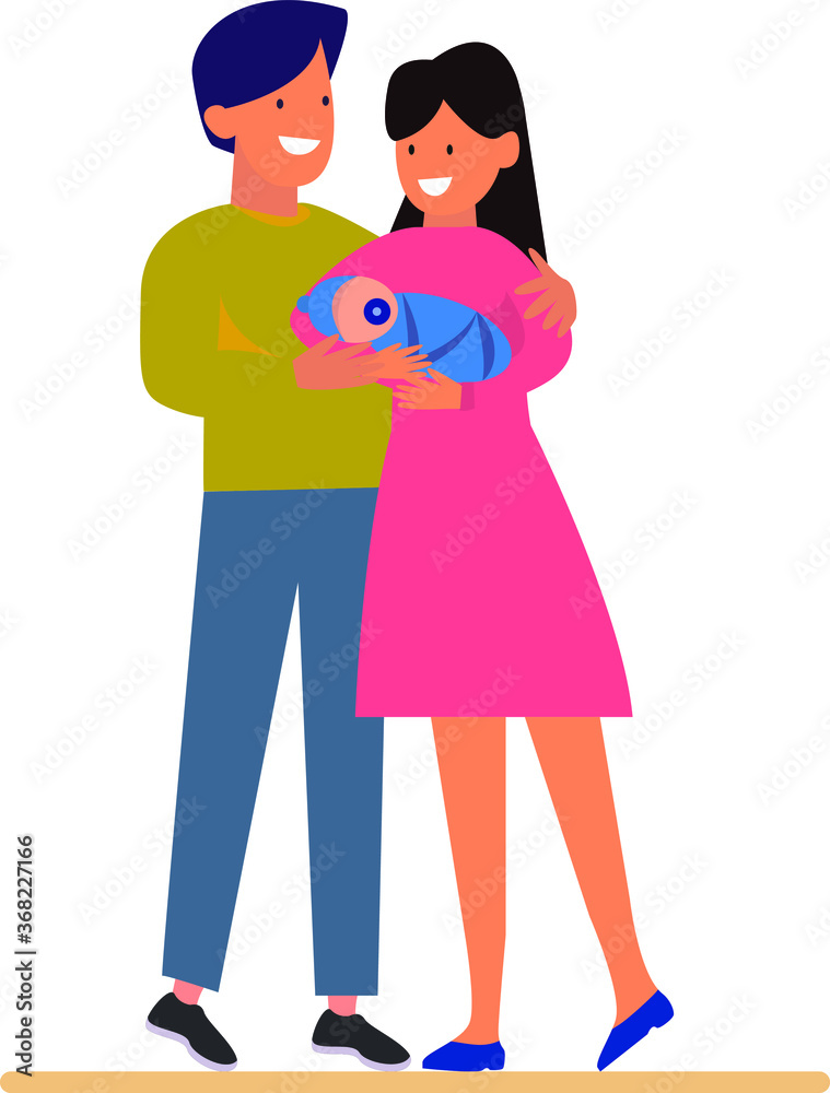 Cute vector illustration. Husband and wife are standing with the baby. The husband gently embraces his wife. A woman stands with a newborn. Family idyll Cute vector illustration. Husband and wife are standing with the baby. The husband gently embraces his wife. A woman stands with a newborn. Family idyll