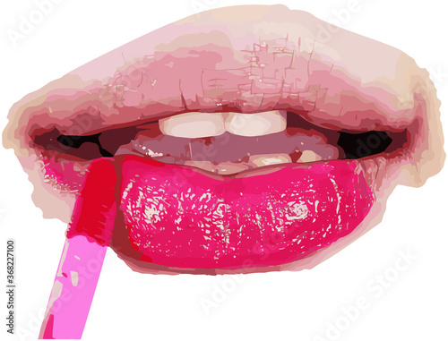 Extreme close-up of woman's lips with red lipstick. Girl applies lipstick with a makeup brush