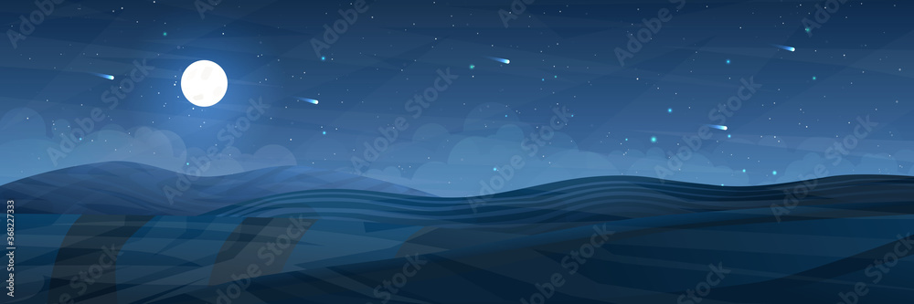 Fototapeta premium Vector illustration. Meadow realistic landscape. Clear polygonal sky. Triangle shapes. Hills. Graphic modern backdrop. Abstract art. Minimalist style. Design element for poster. 3d wallpaper concept