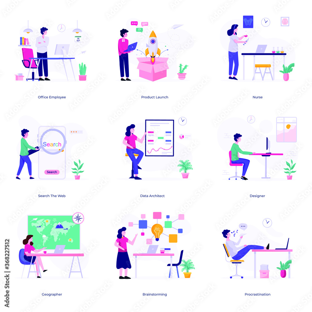 
Collection Of Routine Activities Flat Illustrations

