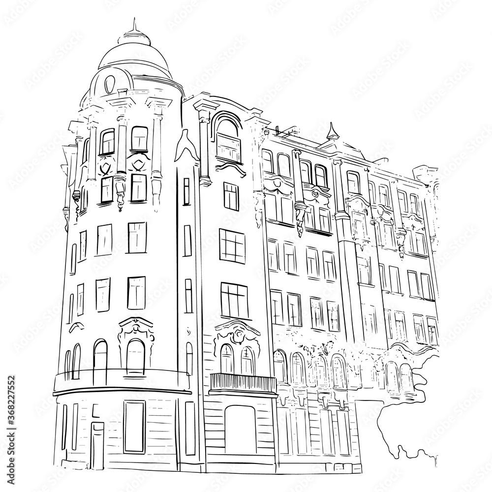 Outline sketch of classic style building in doodle style. Perspective view. Vector illustration