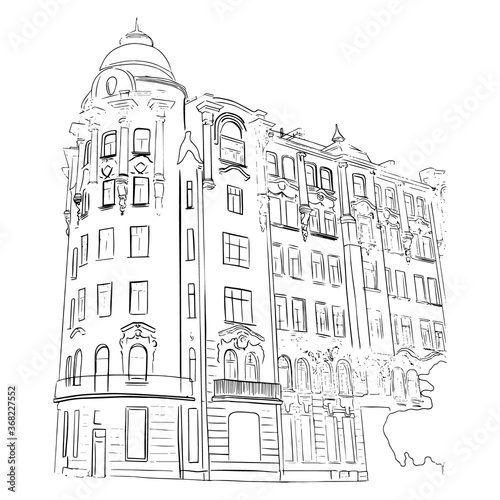 Outline sketch of classic style building in doodle style. Perspective view. Vector illustration