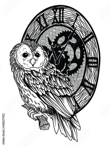 tattoo and t-shirt design black and white hand drawn owl with clock premium vector