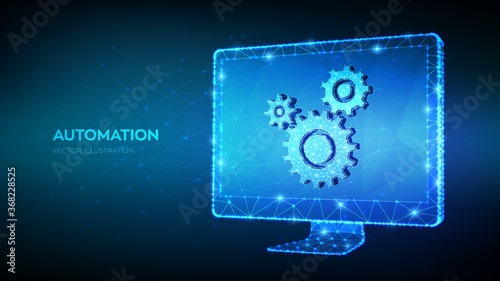 Automation Software, Business and industrial process workflow optimisation, software development technology concept. Abstract 3D low polygonal computer monitor with gears icon. Vector illustration.