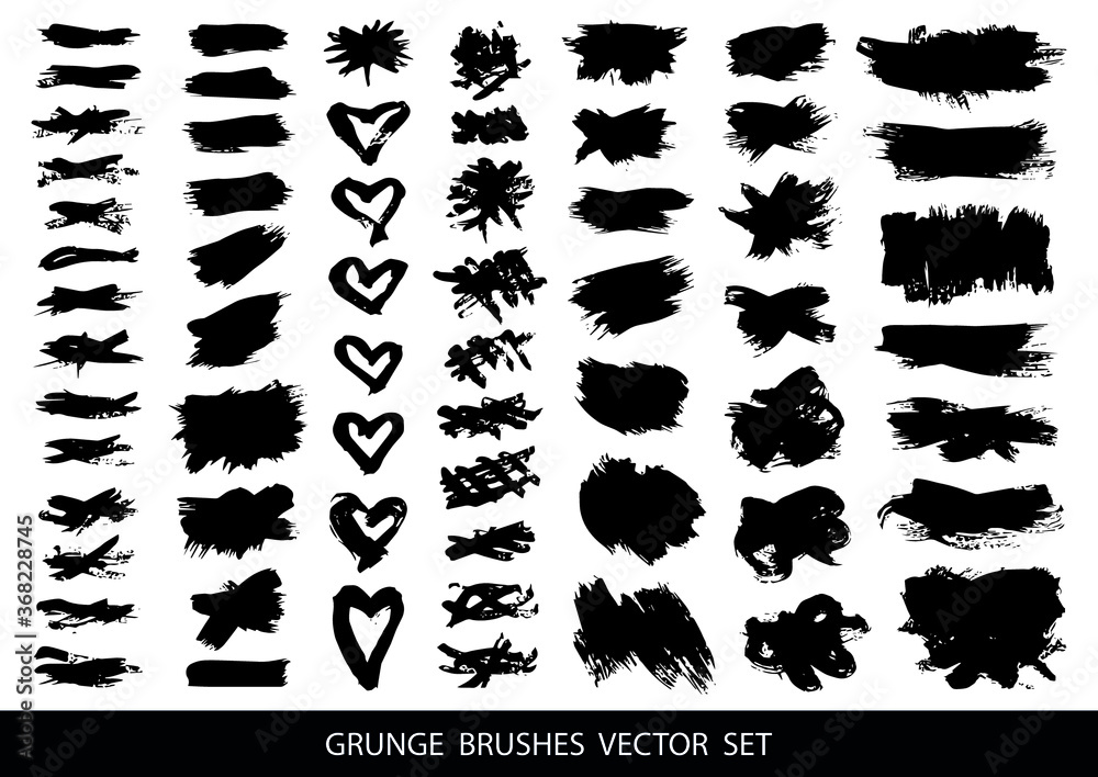 Naklejka premium Set of black paint, ink brush strokes, brushes, lines. Dirty artistic design elements, boxes, frames for text. Vector illustration.