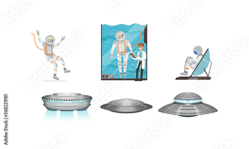 Space Mission Preparing and Ufo Spaceships Set, Male Astronaut Training Vestibular Apparatus on Simulator Machine Flat Style Vector Illustration