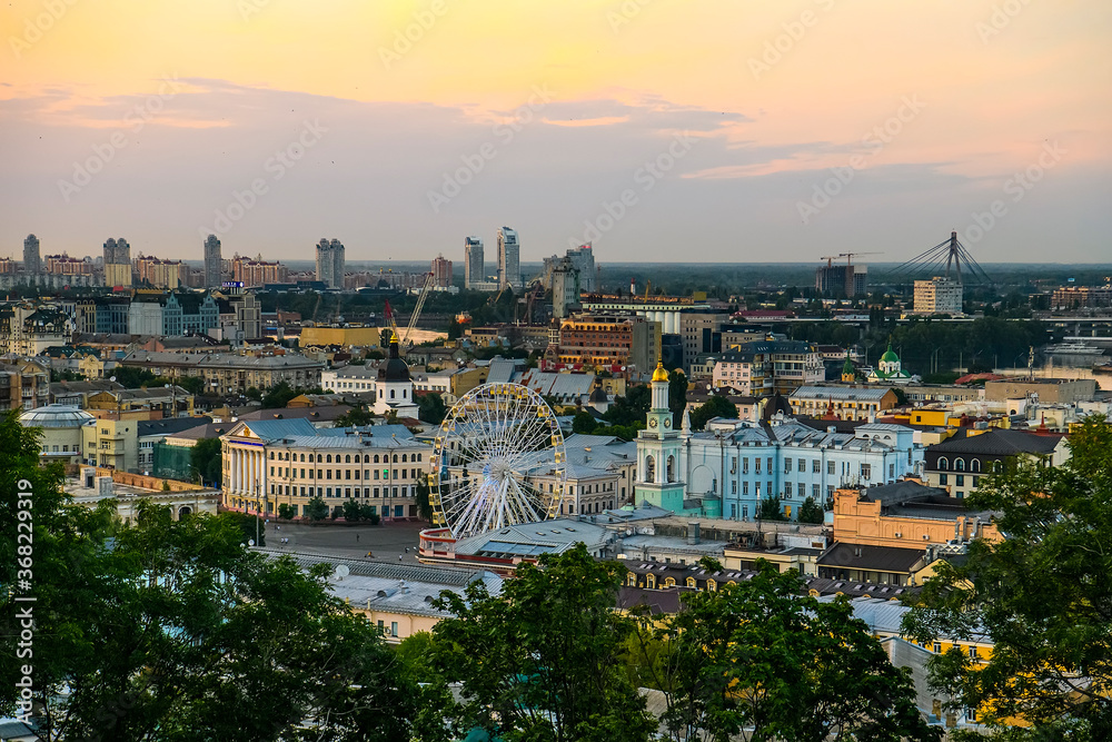 Evening view of the old Podil district of the Kyiv city, Ukraine, July 2020