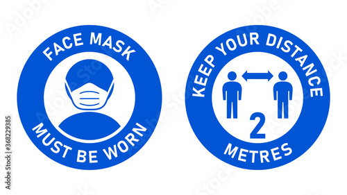 Set of Circular Measure Warning Signs against the Spread of Coronavirus including Face Mask Must Be Worn and Keep Your Distance 2 Metres. Vector Image.