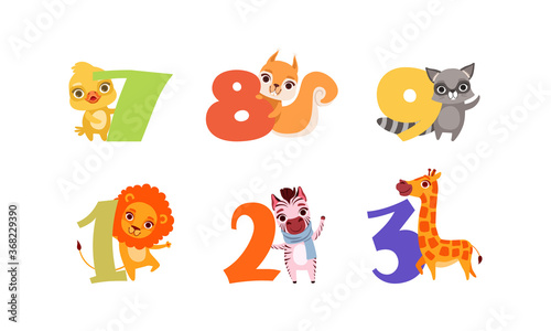 Fototapeta Naklejka Na Ścianę i Meble -  Anniversary Numbers with Cute Animals Set, Duckling, Squirrel, Raccoon, Lion, Zebra, Giraffe Cartoon Style Vector Illustration