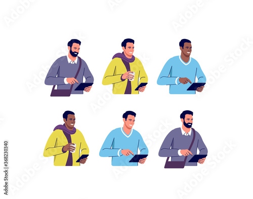 Set of different men with digital devices. Vector illustration.