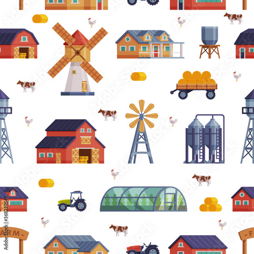 Farm Related Items Seamless Pattern, Country Objects Endless Repeating Print for Fabric, Wrapping Paper, Background Design Vector Illustration