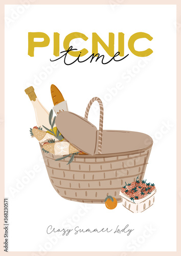 Summer picnic: fruits, berries, cake, hotdog, sandwich, bbq grill, coffee, ice cream, pie. Top view. Icon set flat design of picnic items. For banners, posters, promotion, presentation templates