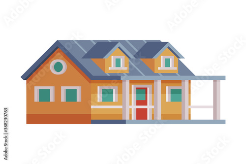 Wooden Country House, Rural Cottage Facade Cartoon Vector Illustration