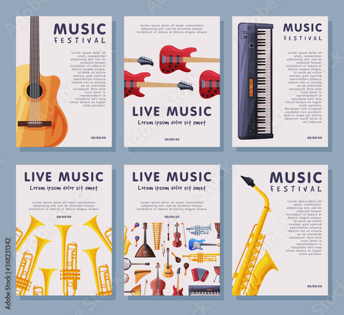 Live Music Festival Banner Tempates Set, Advertisement Poster, Brochure, Flyer, Invitation Card with Orchestral Musical Instruments Vector Illustration