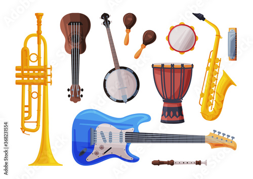 Musical Instruments Set, Cello, Ukulele, Saxophone, Harmonica, Maracas, Flute, Saxophone Flat Style Vector Illustration