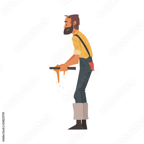Male Prospector Sifting Golden Sand and Prills with Sieve, Bearded Gold Miner Character Wearing Vintage Clothes Cartoon Style Vector Illustration