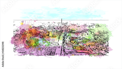 Building view with landmark of Akbarpur is a city and a municipal board in, and the administrative headquarters of, Ambedkar Nagar. Watercolor  splash with hand drawn sketch illustration in vector. photo
