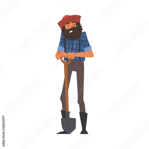 Male Prospector with Spade, Bearded Gold Miner Wild West Character Wearing Vintage Clothes and Hat Cartoon Style Vector Illustration