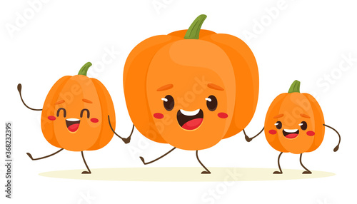 Cheerful pumpkins go together holding hands. Vector illustration in flat cartoon style.
