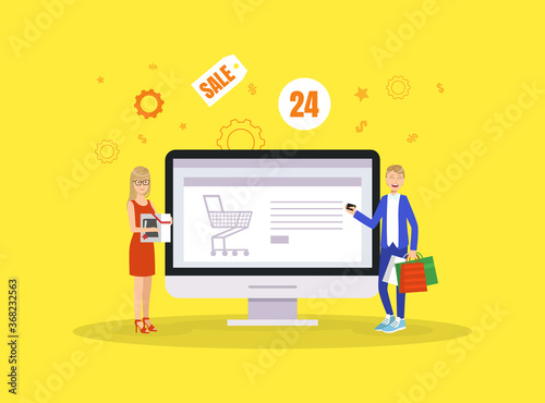 Shopping Online, People Taking Part in Seasonal Sale at Online Store, Young Man and Woman Standing with Purchases Vector Illustration