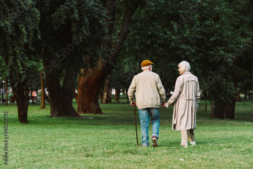 Back view of senior couple walking on grass in park