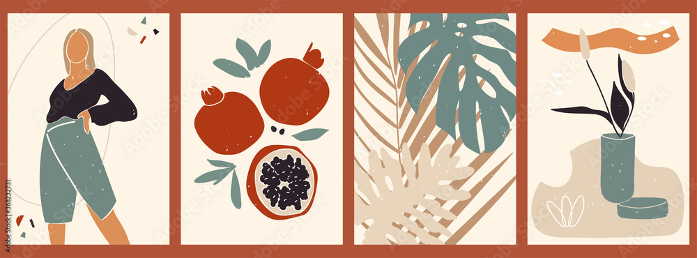 Abstract still life poster collection. Set of contemporary art print templates. Nature backgrounds for your social media. Female shape and silhouette, vases, plants, leaves, garnet, flowers. Abstract still life poster collection. Set of contemporary art print templates. Nature backgrounds for your social media. Female shape and silhouette, vases, plants, leaves, garnet, flowers.