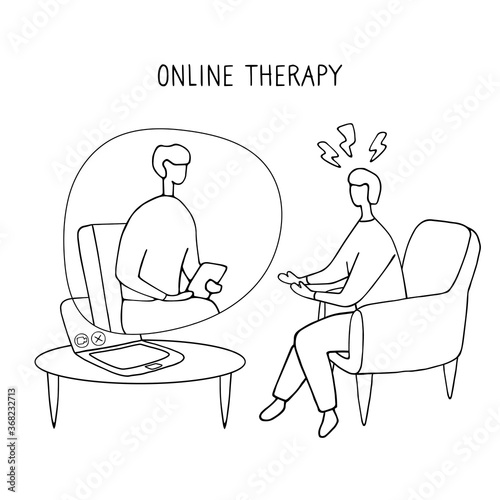 Man at the psychologist online session. Doctor consultation by phone. Video call to psychiatrist. Online psychological therapy. Hand drawn vector graphic