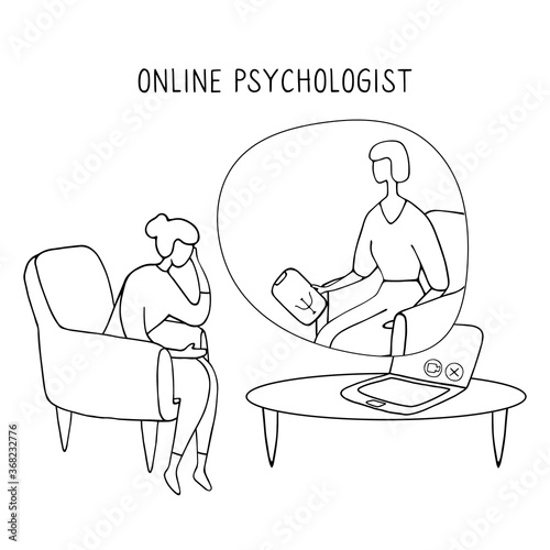Woman at the psychologist online session. Doctor consultation by phone. Video call to psychiatrist. Online psychological therapy. Hand drawn doodle vector graphic
