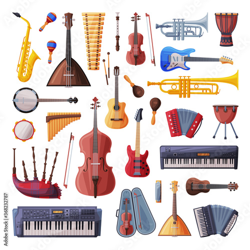 Musical Instruments Set, Cello, Violin, Guitar, Balalaika, Drum, Xylophone, Saxophone, Harmonica, Maracas, Synthesizer, Accordion Flat Style Vector Illustration