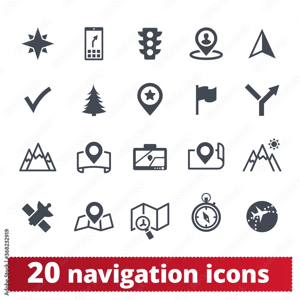 Navigation, map, transportation vector icons set. Traveling, location, direction, cartography, place, transport and landmark pictograms for web and mobile services. Isolated on white background.