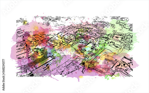 Building view with landmark of Akbarpur is a city and a municipal board in, and the administrative headquarters of, Ambedkar Nagar. Watercolor  splash with hand drawn sketch illustration in vector. photo