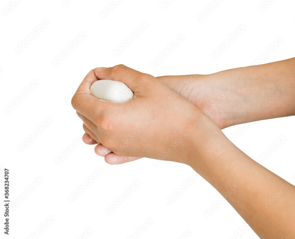 Human hands with soap isolated on white background. Hand washing. Foam. Cleansing. Sanitation. Protection from germs and viruses. Health care.