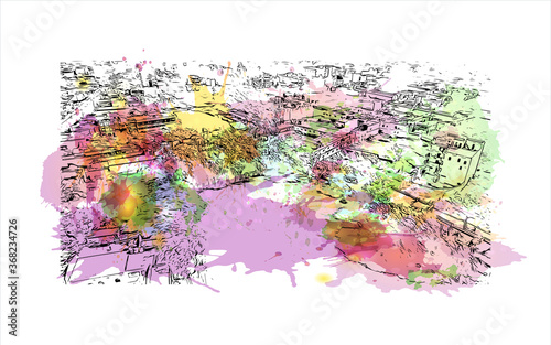 Building view with landmark of Akbarpur is a city and a municipal board in, and the administrative headquarters of, Ambedkar Nagar. Watercolor  splash with hand drawn sketch illustration in vector. photo