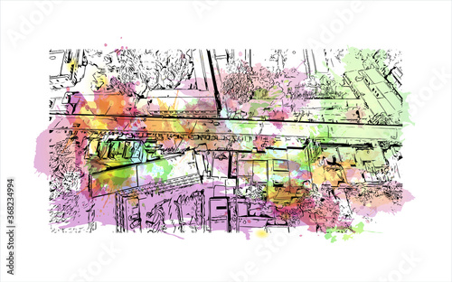 Building view with landmark of Akbarpur is a city and a municipal board in, and the administrative headquarters of, Ambedkar Nagar. Watercolor  splash with hand drawn sketch illustration in vector. photo