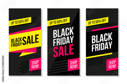 Black Friday promotional flyers set. Commercial signs for black friday sale, business, discount shopping, promotion and advertising. Vector illustration.
