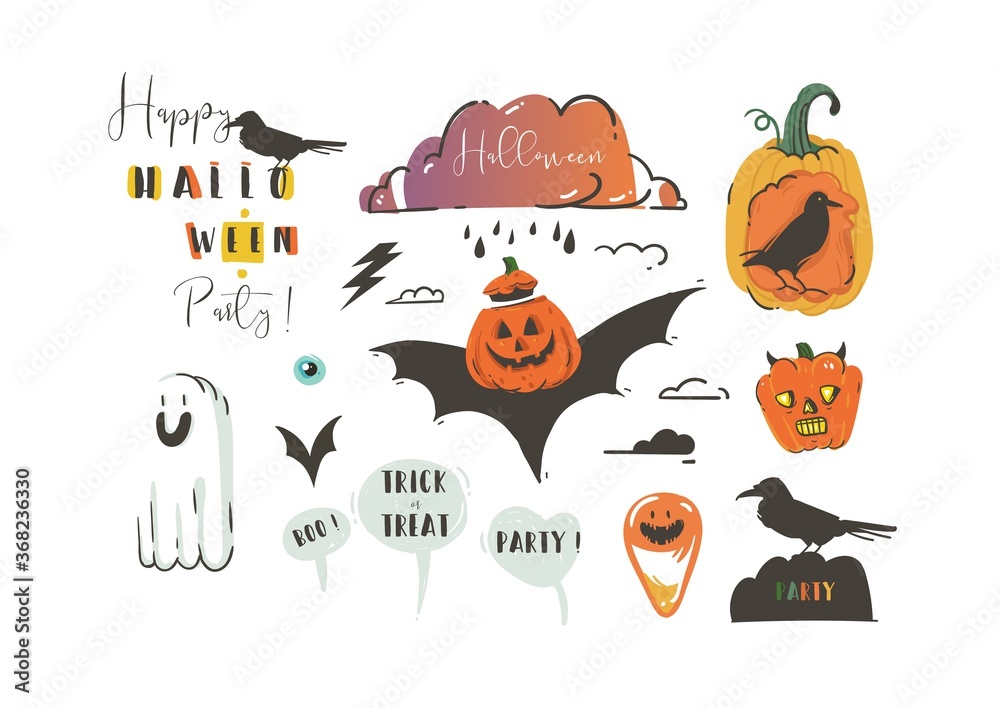 Fototapeta premium Hand drawn vector abstract cartoon Happy Halloween illustrations party design elements with ravens,bats,pumpkins,ghosts and modern calligraphy quotes isolated on white background