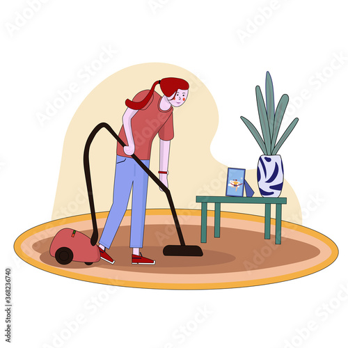 Housewife vacuuming home with a vacuum cleaner. Pretty woman doing domestic work. Cartoon character. Vector illustration
