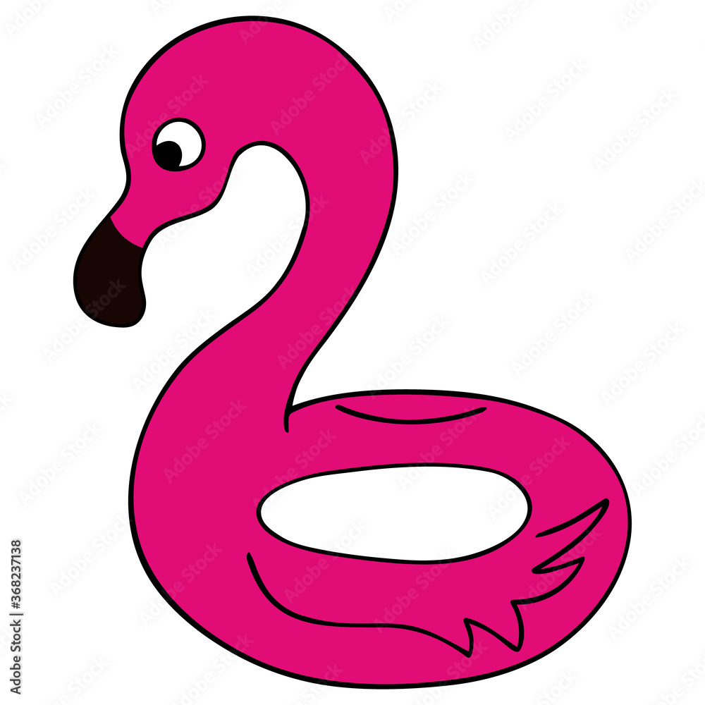 Ring in the shape of a Flamingo. Color vector illustration. Isolated white background. Cartoon style. Children toy for water procedures. Inflatable swimming circle. Teaching children to swim. Ring in the shape of a Flamingo. Color vector illustration. Isolated white background. Cartoon style. Children toy for water procedures. Inflatable swimming circle. Teaching children to swim.
