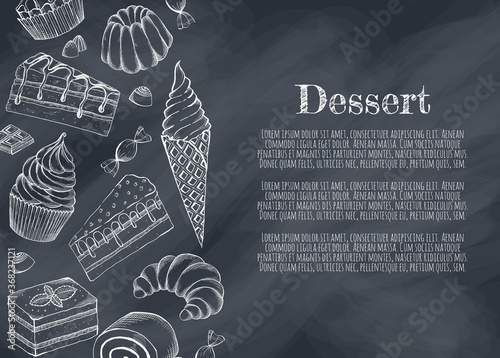 Desserts bakery shop vector banner template. Hand drawn cakes bun, ice cream, chocolate and candies.