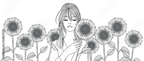 Summer. Girl with sunflowers. Woman is among flower field. Vector line illustration for coloring book page. Print for poster, decoration, web, magazines. Fashion horizontal artwork.