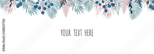 Horisontal botanical vector design banner. Stylized Eucalyptus, succulents, flowers, greenery. Natural spring card or frame.